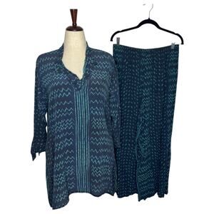 URU Women's Top and Pants Set One Size 2pc Blue 100% Silk Boho Tunic Wide Leg